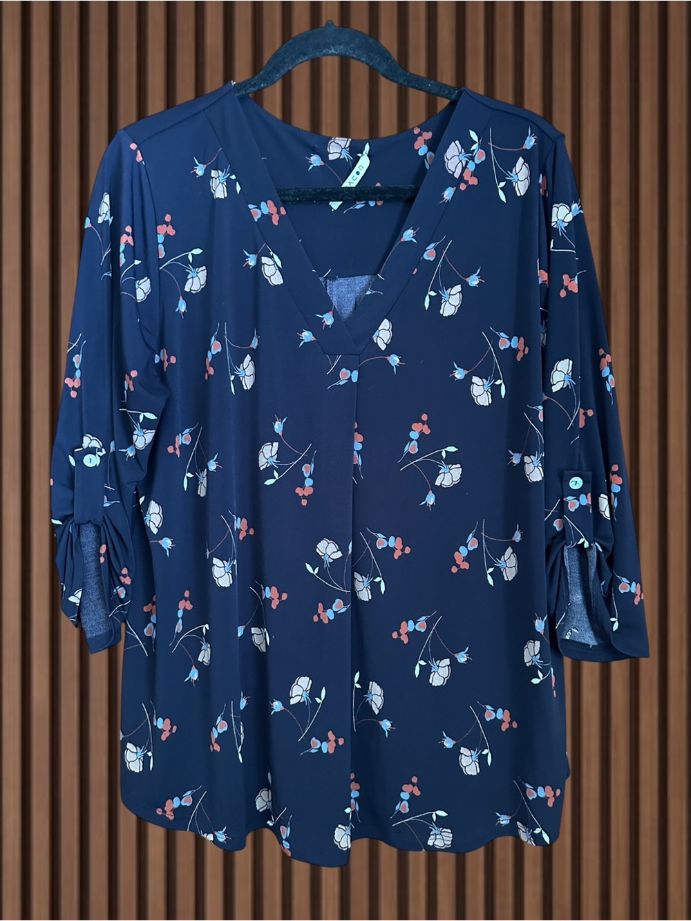 Beacon Navy Floral V-Neck Roll-Tab Blouse